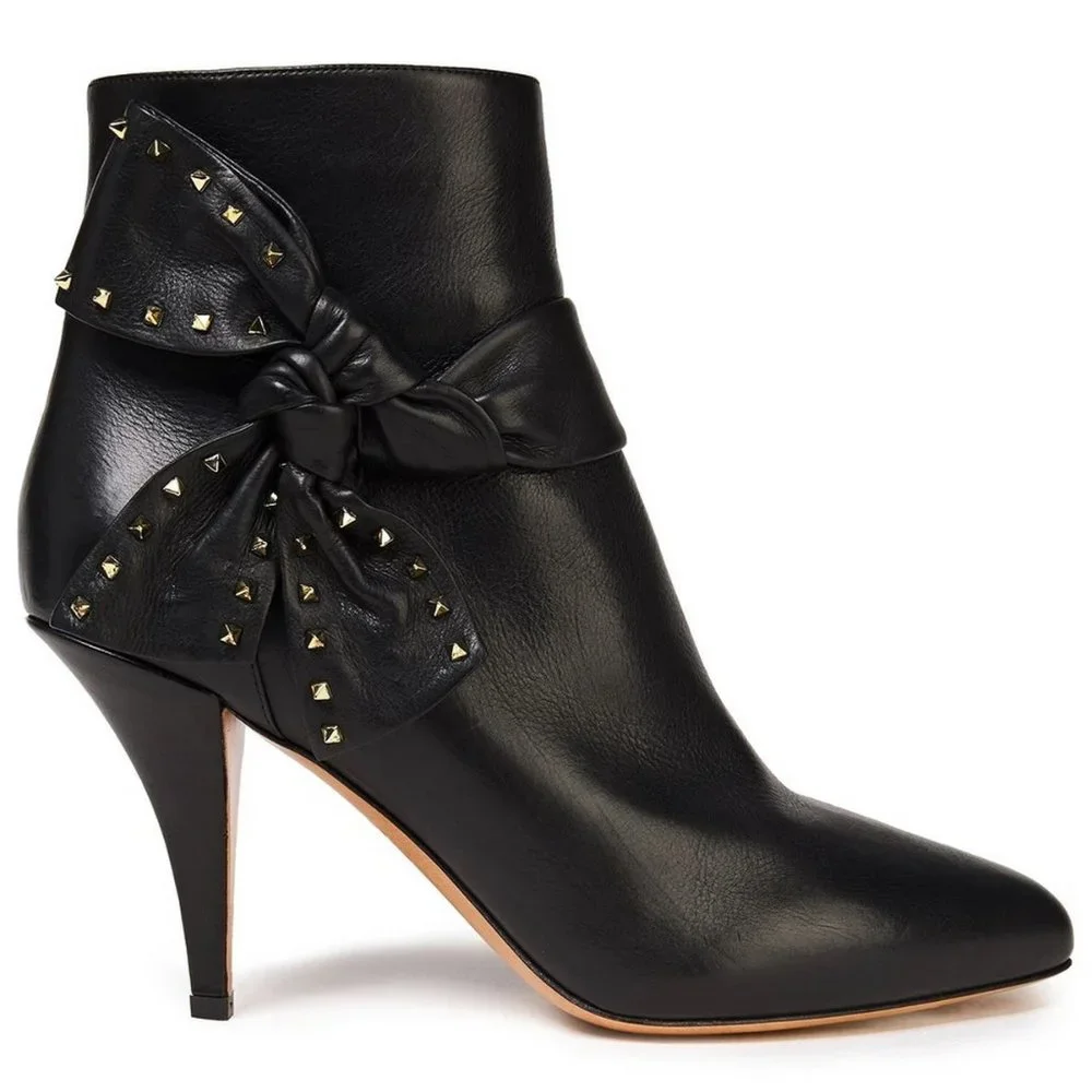 NEW Valentino Garavani Rockstud Leather Boots, Black, EU 38.5, Zip Closure, Bow